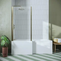 Drench Brushed Brass L-Shaped Fixed Bath Screen - 1435 x 800mm