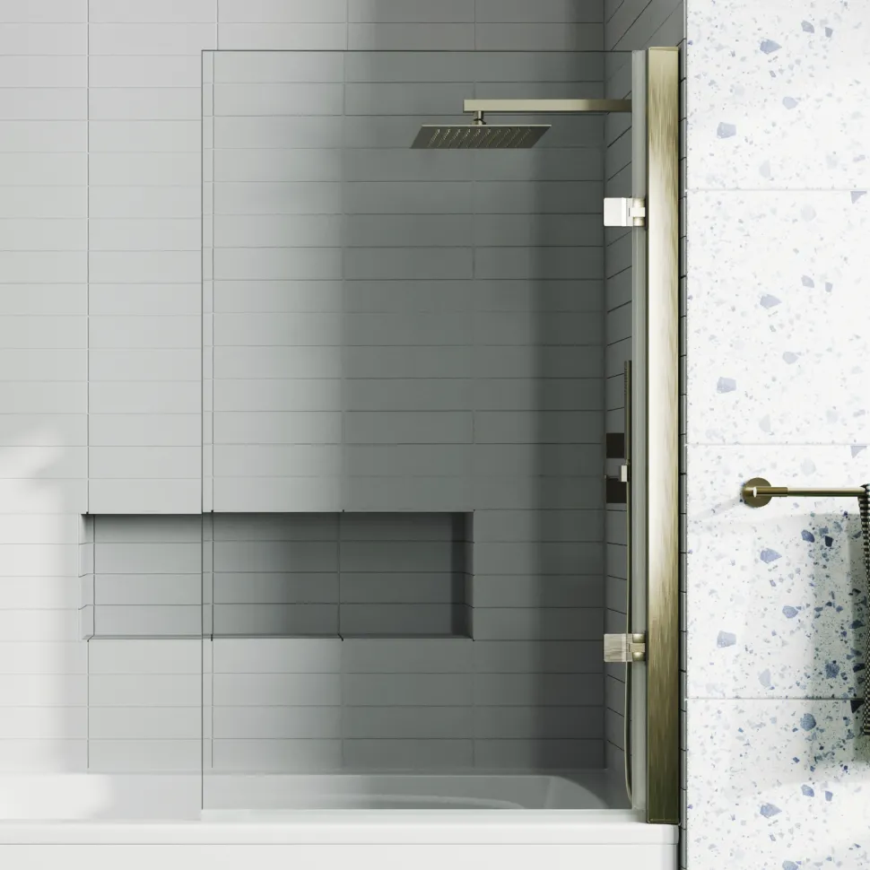 Drench Brushed Brass 8mm Glass Hinged Square Bath Screen - 1520 x 815mm