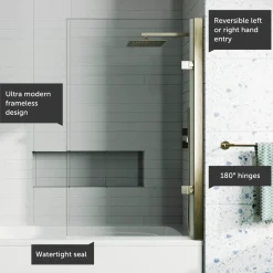 Drench Brushed Brass 8mm Glass Hinged Square Bath Screen - 1520 x 815mm