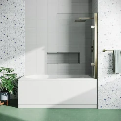 Drench Brushed Brass 8mm Glass Hinged Square Bath Screen - 1520 x 815mm