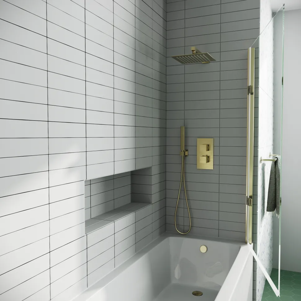 Drench Brushed Brass 8mm Glass Hinged Square Bath Screen - 1520 x 815mm