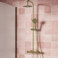 Drench Brushed Brass Round Exposed Thermostatic Rigid Riser Shower Kit