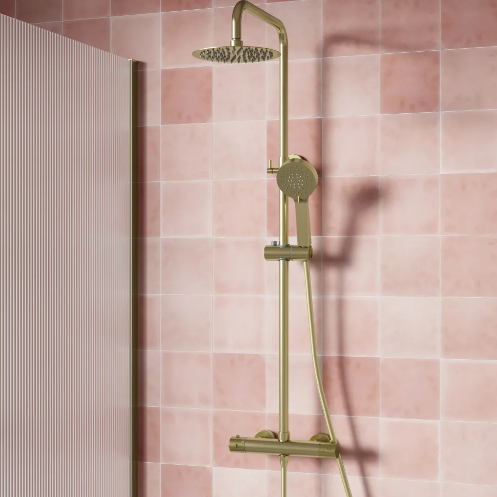 Drench Brushed Brass Round Exposed Thermostatic Rigid Riser Shower Kit