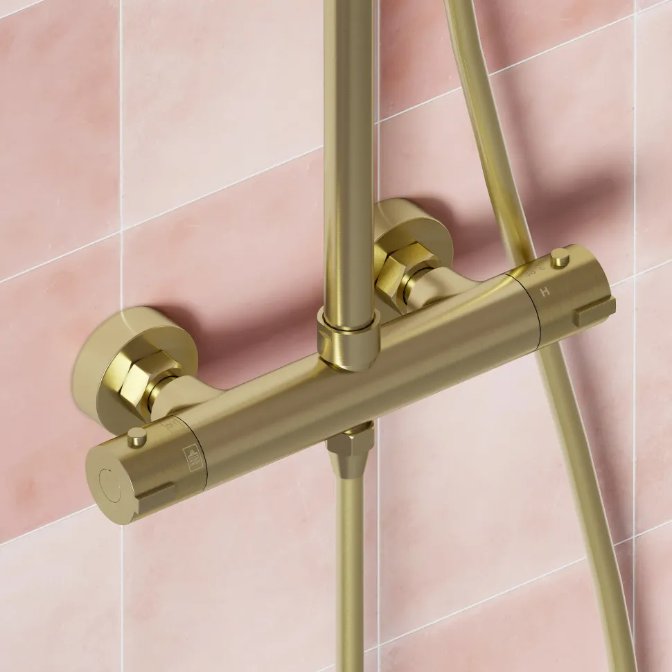 Drench Brushed Brass Round Exposed Thermostatic Rigid Riser Shower Kit