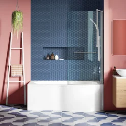 Drench Curved Polished Chrome Hinged P-Bath Screen With Towel Rail - 1435 x 700mm
