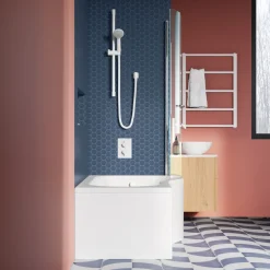Drench Curved Polished Chrome Hinged P-Bath Screen With Towel Rail - 1435 x 700mm