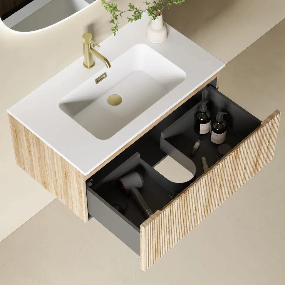 Drench Groove 800mm Fluted Wall Hung Vanity Unit & Matt Stone Basin