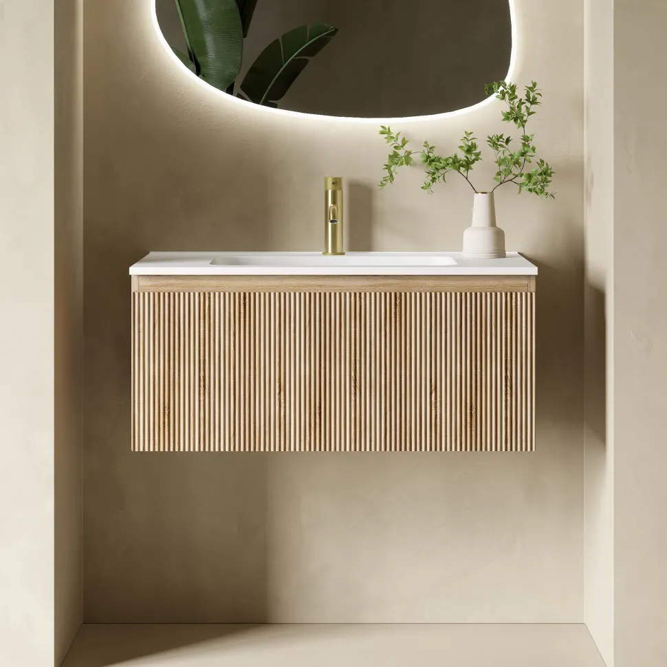 Drench Groove 800mm Fluted Wall Hung Vanity Unit & Matt Stone Basin