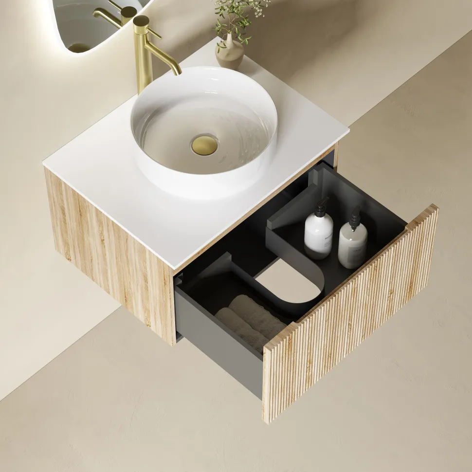 Drench Groove 600mm Fluted Wall Hung Vanity Unit & Sintered Stone Countertop