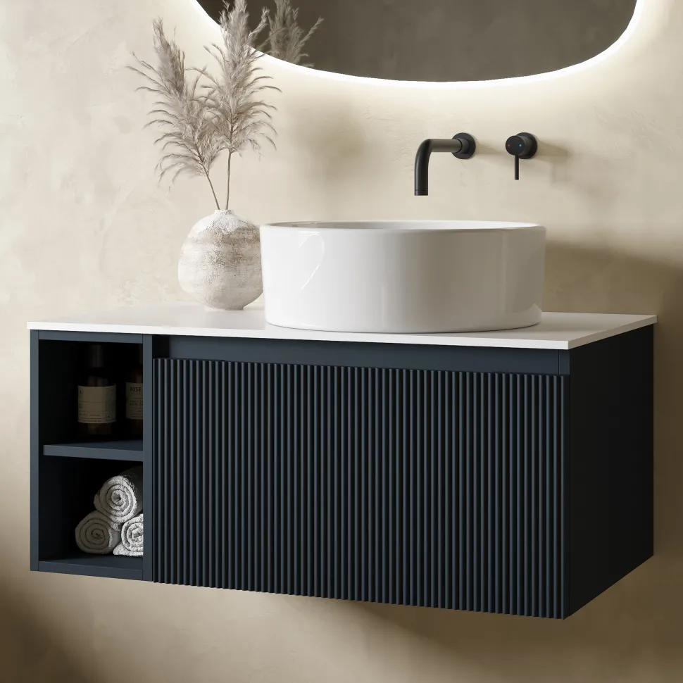 Drench Groove 800mm Fluted Wall Hung Vanity Unit with Open Shelves & Sintered Stone Countertop