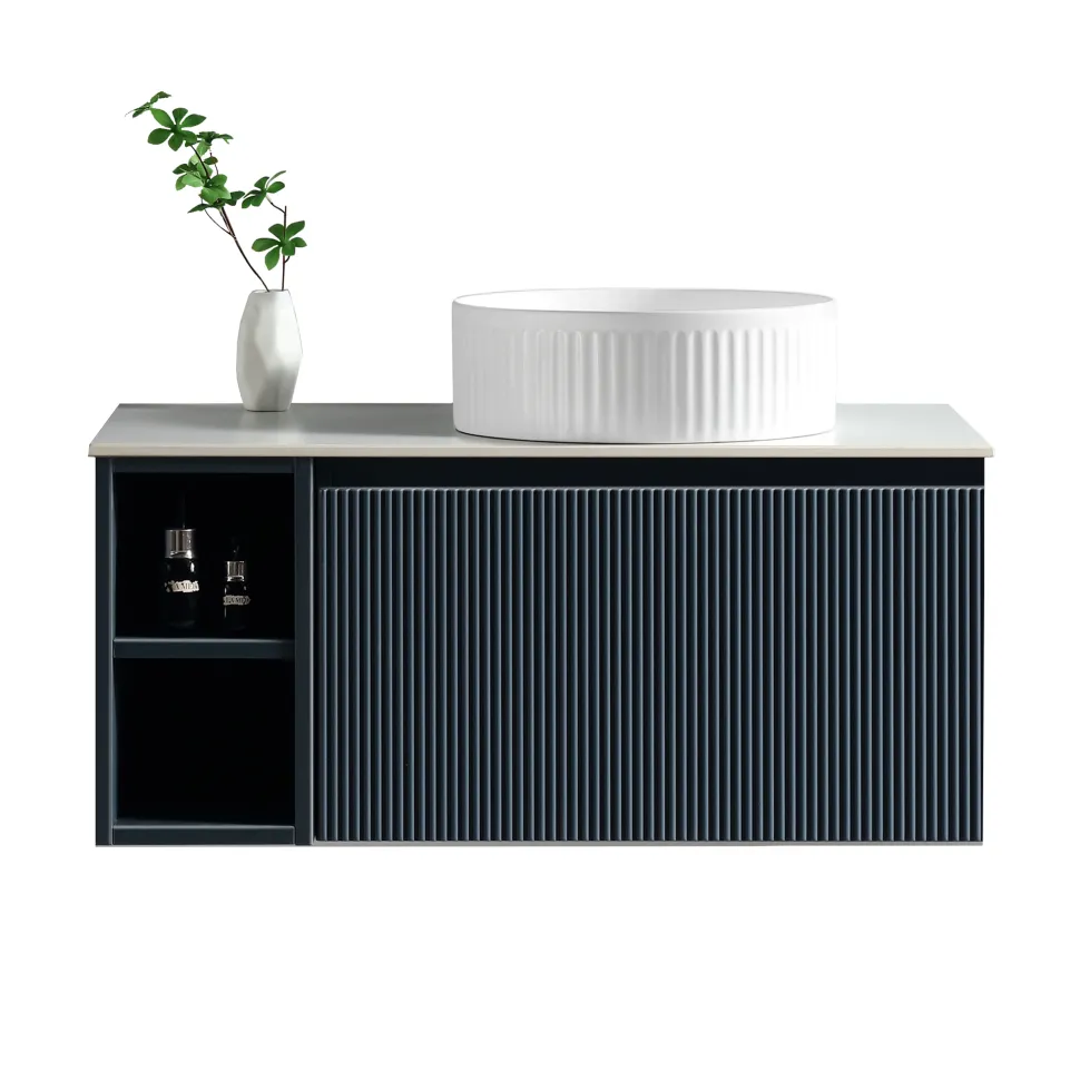Drench Groove 800mm Fluted Wall Hung Vanity Unit with Open Shelves & Sintered Stone Countertop