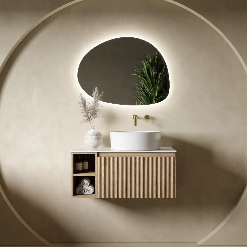 Drench Groove 800mm Fluted Wall Hung Vanity Unit with Open Shelves & Sintered Stone Countertop