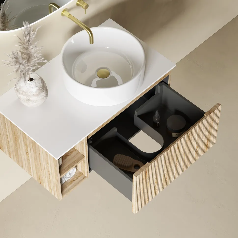 Drench Groove 800mm Fluted Wall Hung Vanity Unit with Open Shelves & Sintered Stone Countertop