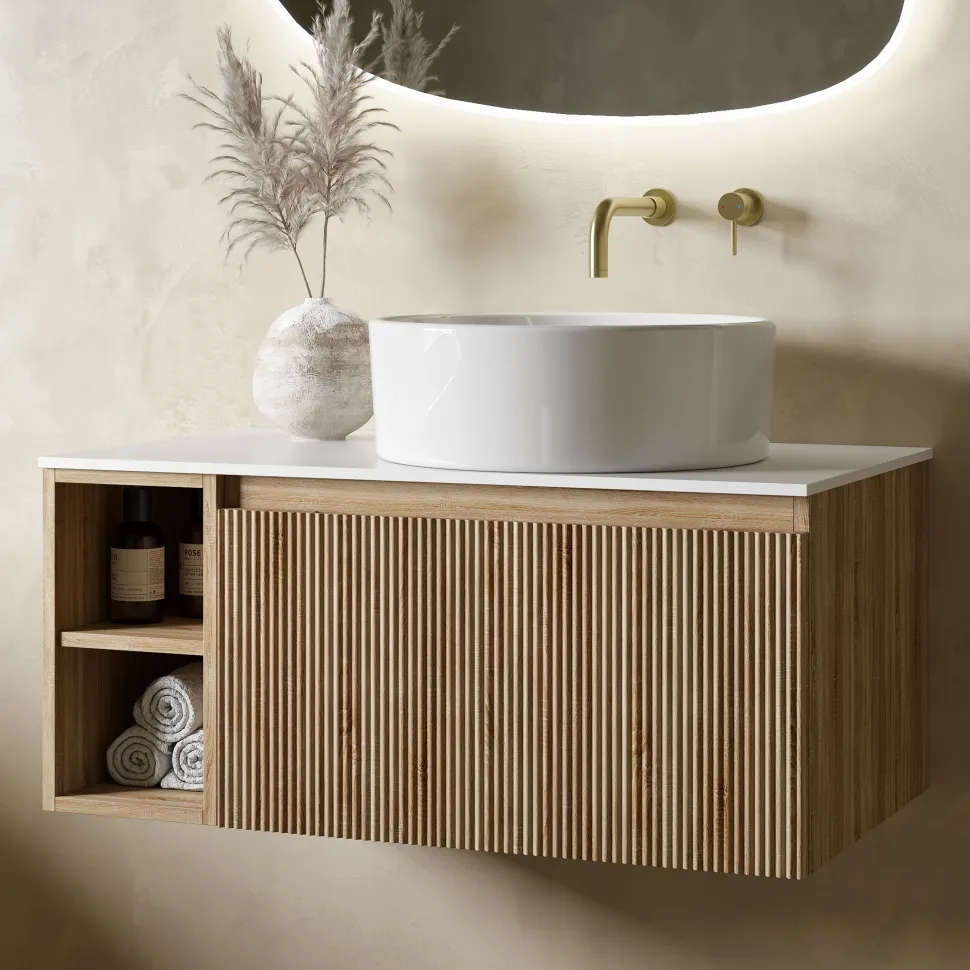Drench Groove 800mm Fluted Wall Hung Vanity Unit with Open Shelves & Sintered Stone Countertop