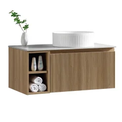 Drench Groove 800mm Fluted Wall Hung Vanity Unit with Open Shelves & Sintered Stone Countertop