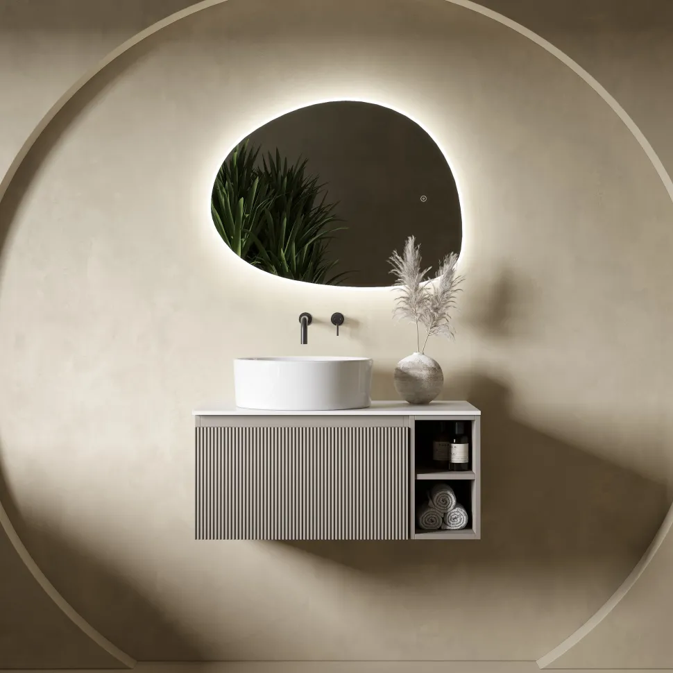 Drench Groove 800mm Fluted Wall Hung Vanity Unit with Open Shelves & Sintered Stone Countertop