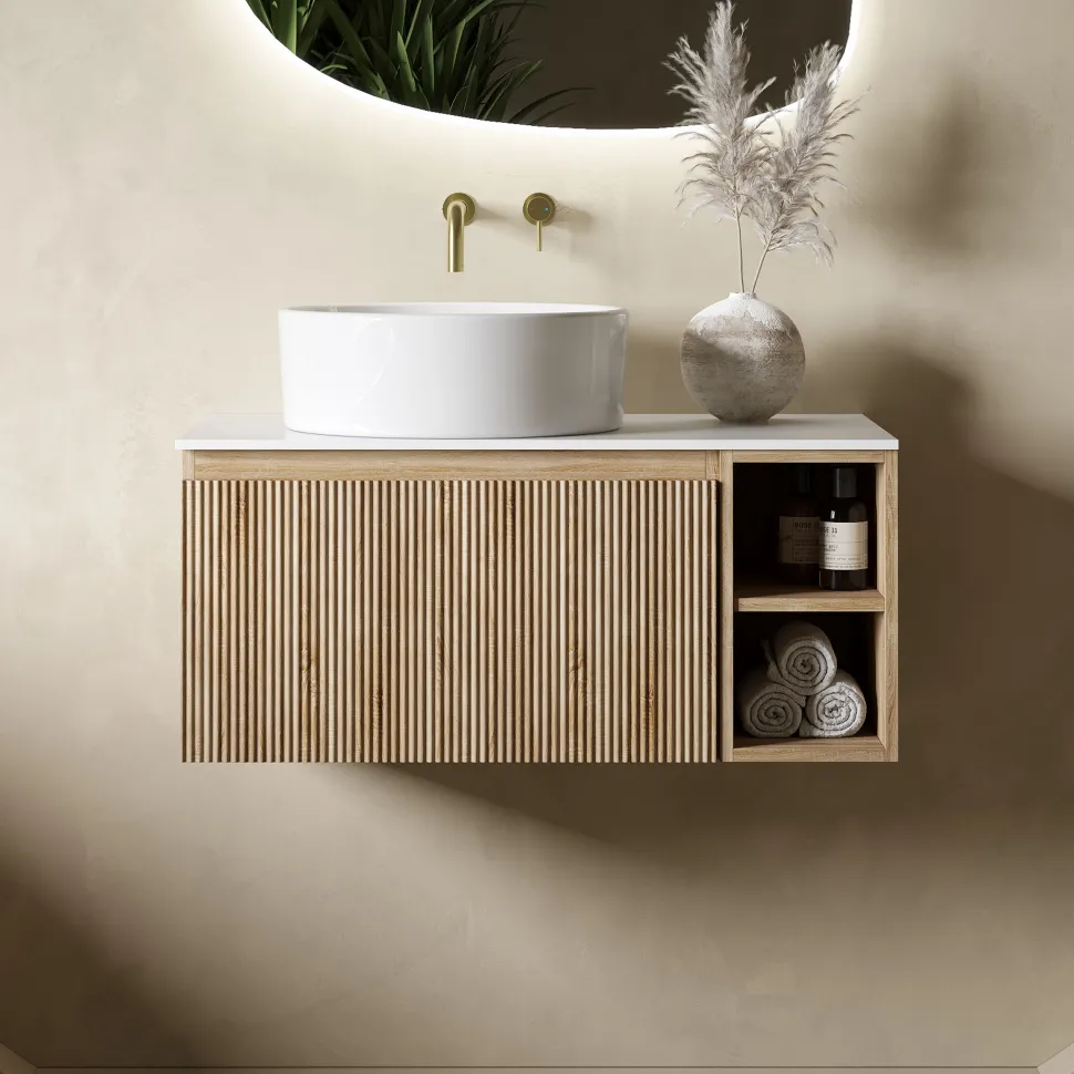 Drench Groove 800mm Fluted Wall Hung Vanity Unit with Open Shelves & Sintered Stone Countertop