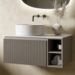 Drench Groove 800mm Fluted Wall Hung Vanity Unit with Open Shelves & Sintered Stone Countertop
