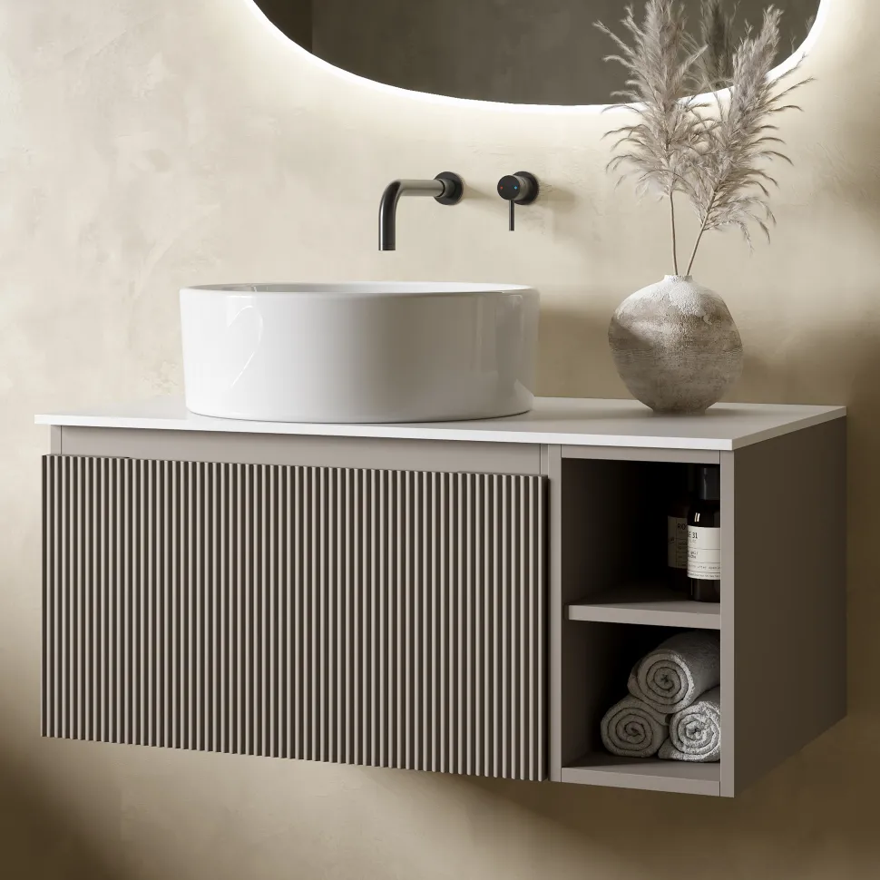 Drench Groove 800mm Fluted Wall Hung Vanity Unit with Open Shelves & Sintered Stone Countertop