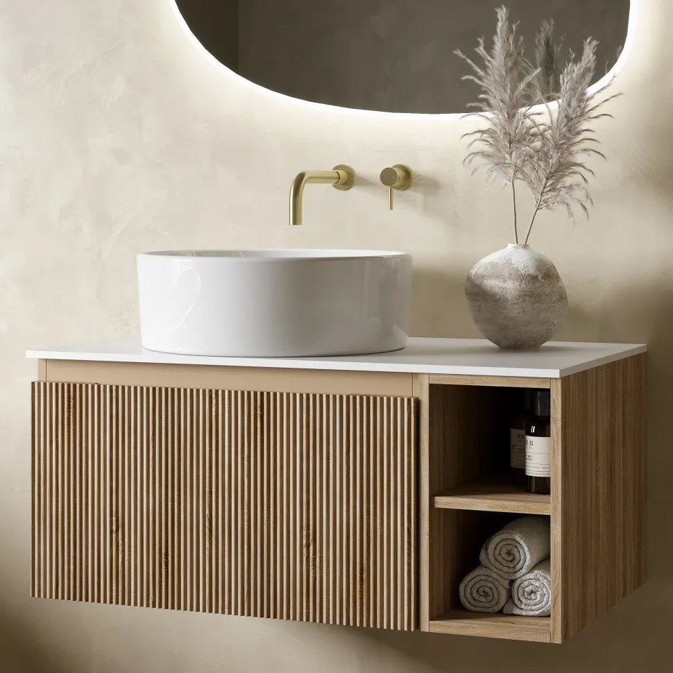 Drench Groove 800mm Fluted Wall Hung Vanity Unit with Open Shelves & Sintered Stone Countertop