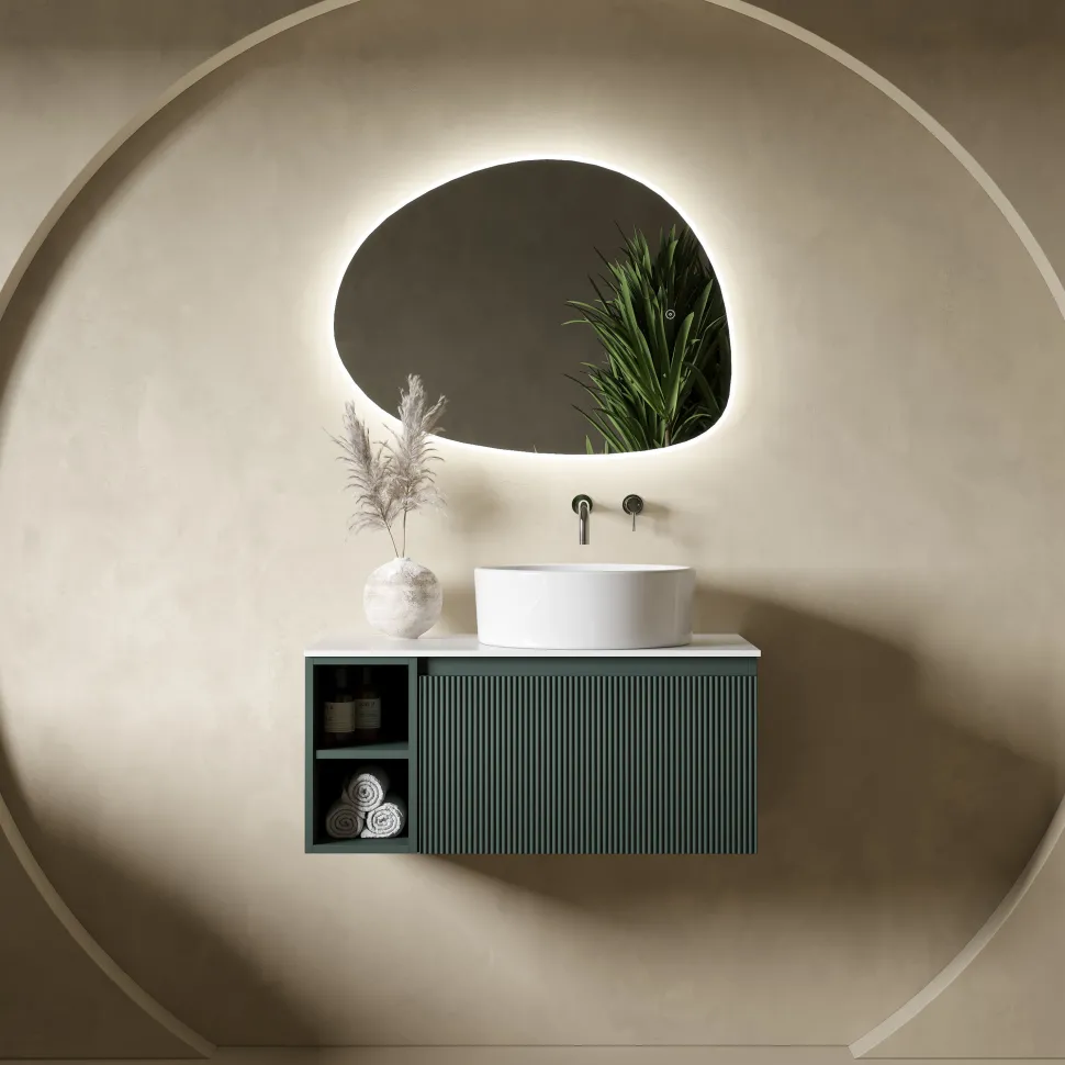 Drench Groove 800mm Fluted Wall Hung Vanity Unit with Open Shelves & Sintered Stone Countertop