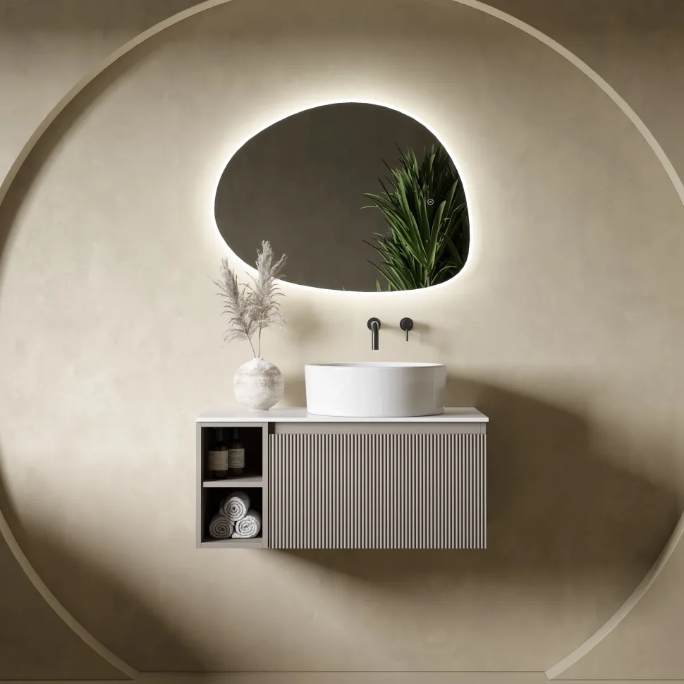 Drench Groove 800mm Fluted Wall Hung Vanity Unit with Open Shelves & Sintered Stone Countertop