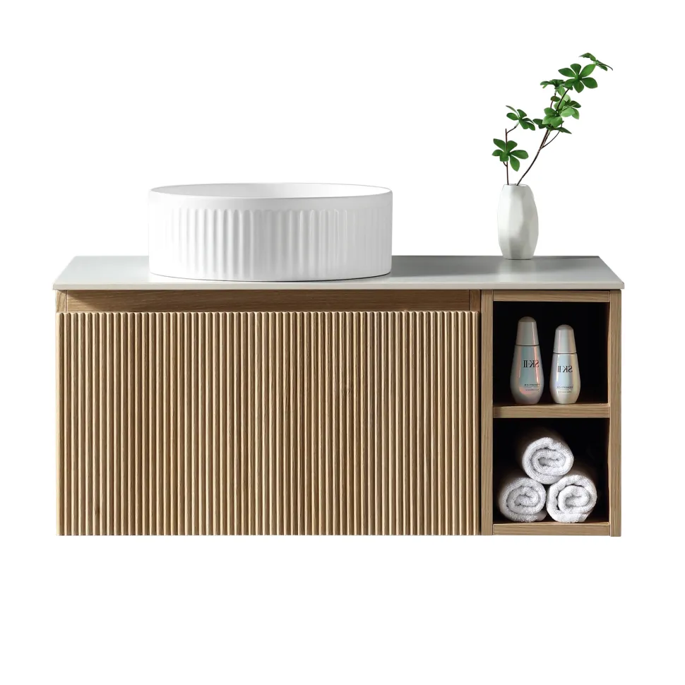 Drench Groove 800mm Fluted Wall Hung Vanity Unit with Open Shelves & Sintered Stone Countertop