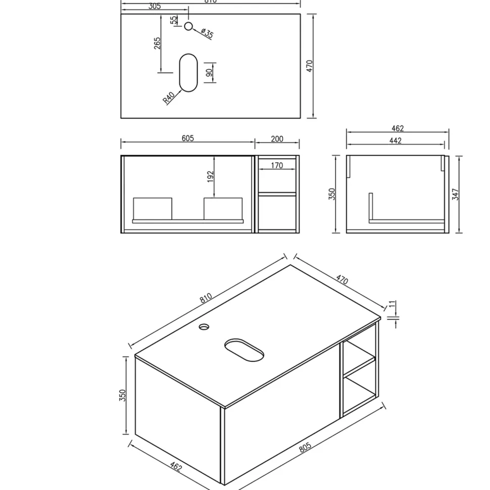 Drench Groove 800mm Fluted Wall Hung Vanity Unit with Open Shelves & Sintered Stone Countertop