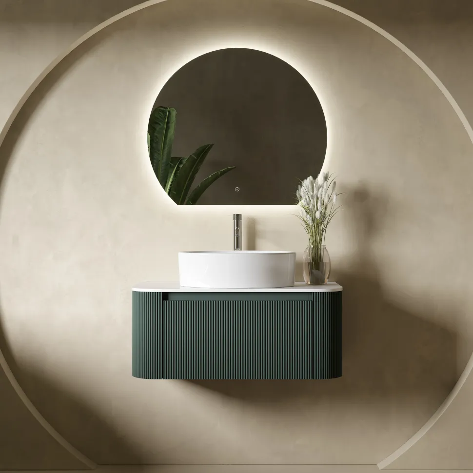 Drench Groove 870mm Fluted Wall Hung Curved Vanity Unit with Sintered Stone Countertop