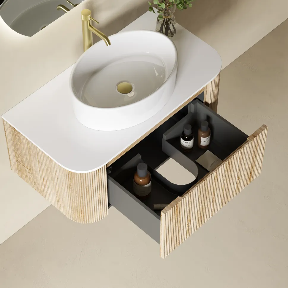 Drench Groove 870mm Fluted Wall Hung Curved Vanity Unit with Sintered Stone Countertop