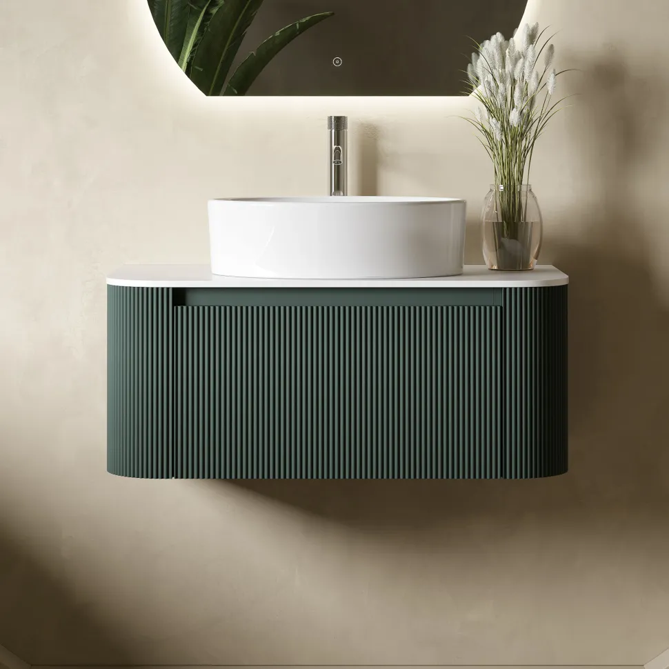 Drench Groove 870mm Fluted Wall Hung Curved Vanity Unit with Sintered Stone Countertop