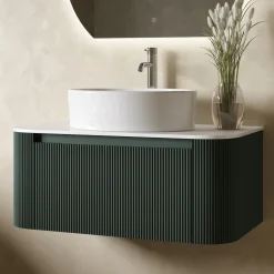 Drench Groove 870mm Fluted Wall Hung Curved Vanity Unit with Sintered Stone Countertop