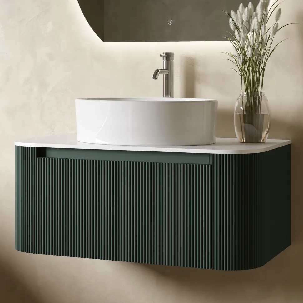 Drench Groove 870mm Fluted Wall Hung Curved Vanity Unit with Sintered Stone Countertop