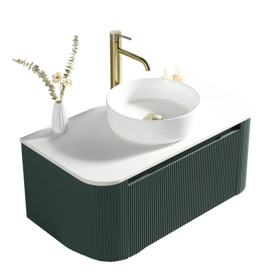 Drench Groove 870mm Fluted Wall Hung Curved Vanity Unit with Sintered Stone Countertop