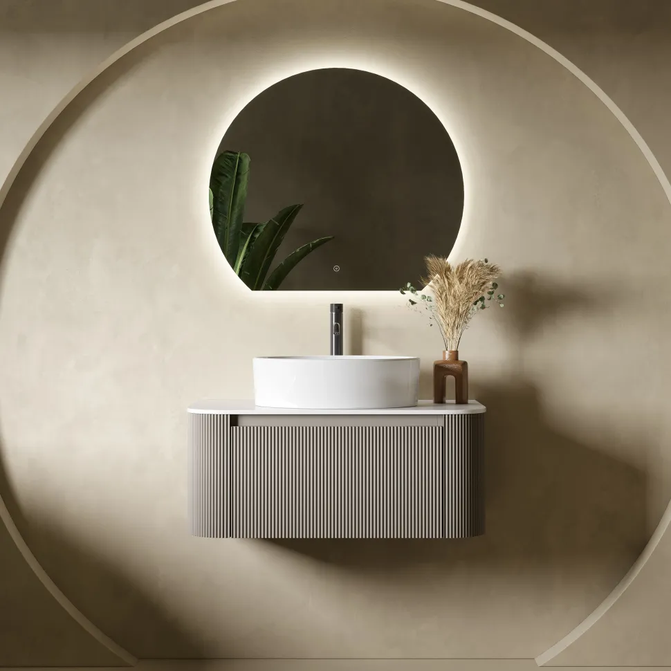 Drench Groove 870mm Fluted Wall Hung Curved Vanity Unit with Sintered Stone Countertop