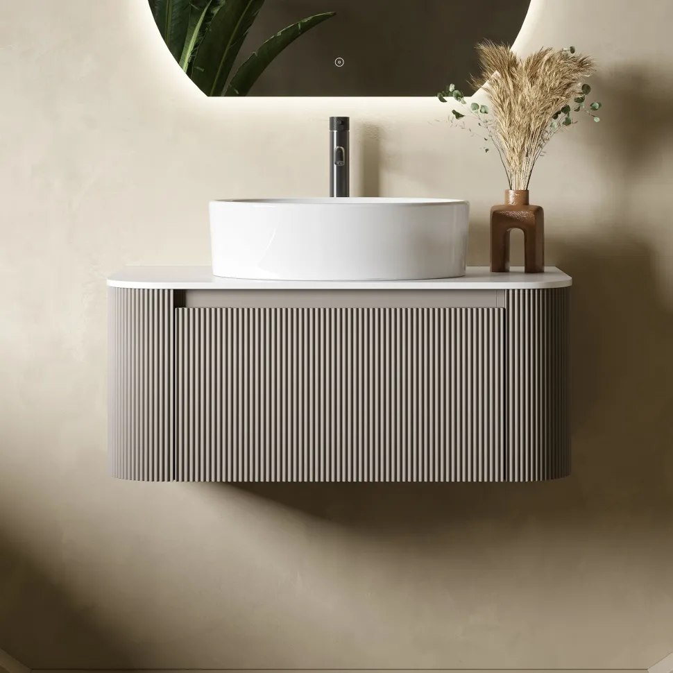 Drench Groove 870mm Fluted Wall Hung Curved Vanity Unit with Sintered Stone Countertop