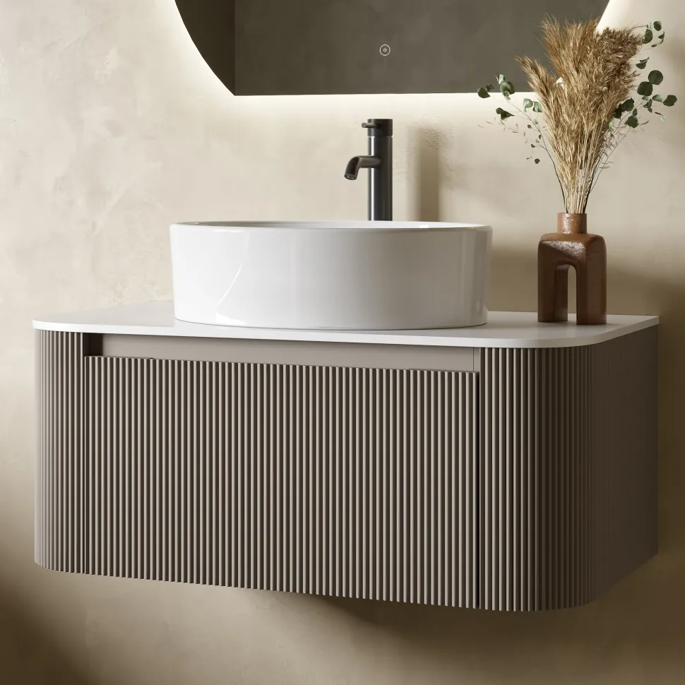 Drench Groove 870mm Fluted Wall Hung Curved Vanity Unit with Sintered Stone Countertop