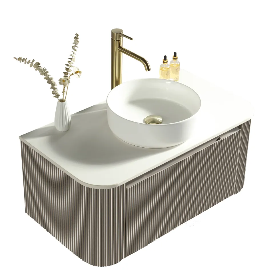 Drench Groove 870mm Fluted Wall Hung Curved Vanity Unit with Sintered Stone Countertop