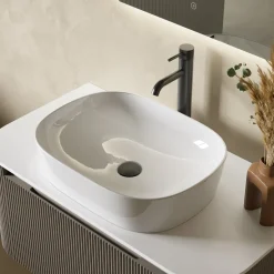 Drench Groove 870mm Fluted Wall Hung Curved Vanity Unit with Sintered Stone Countertop