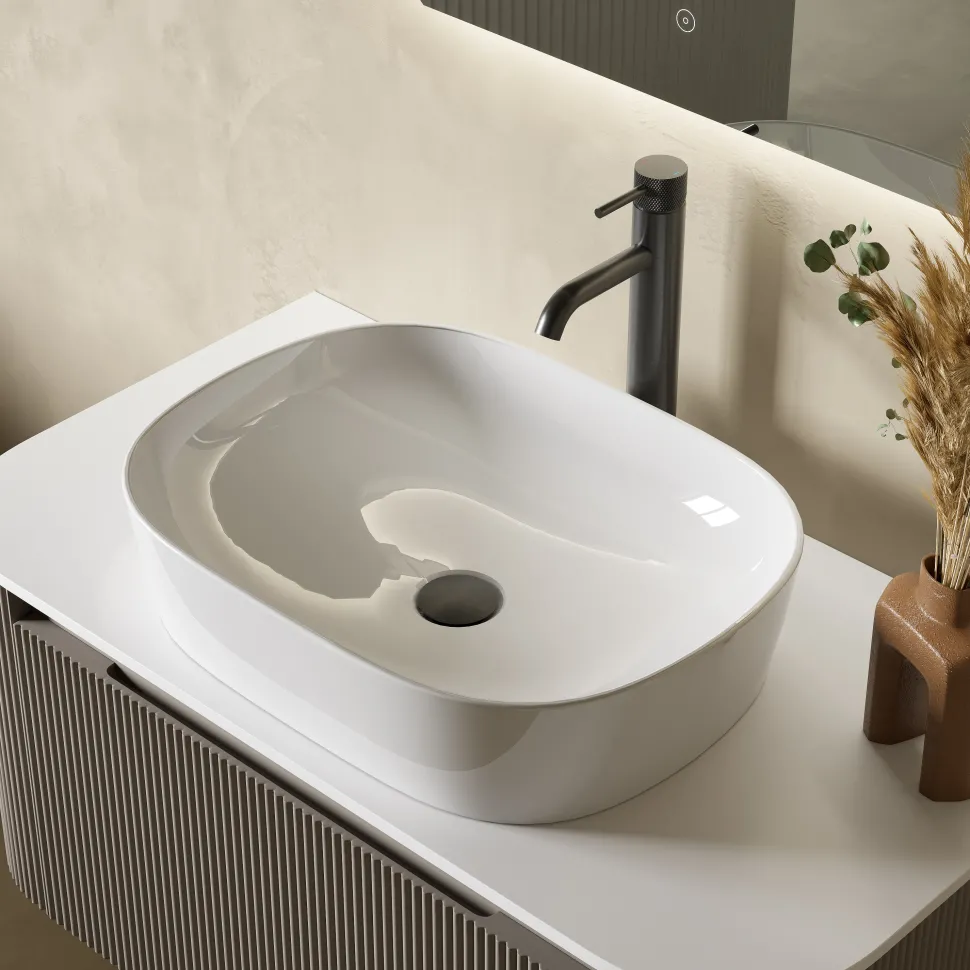 Drench Groove 870mm Fluted Wall Hung Curved Vanity Unit with Sintered Stone Countertop