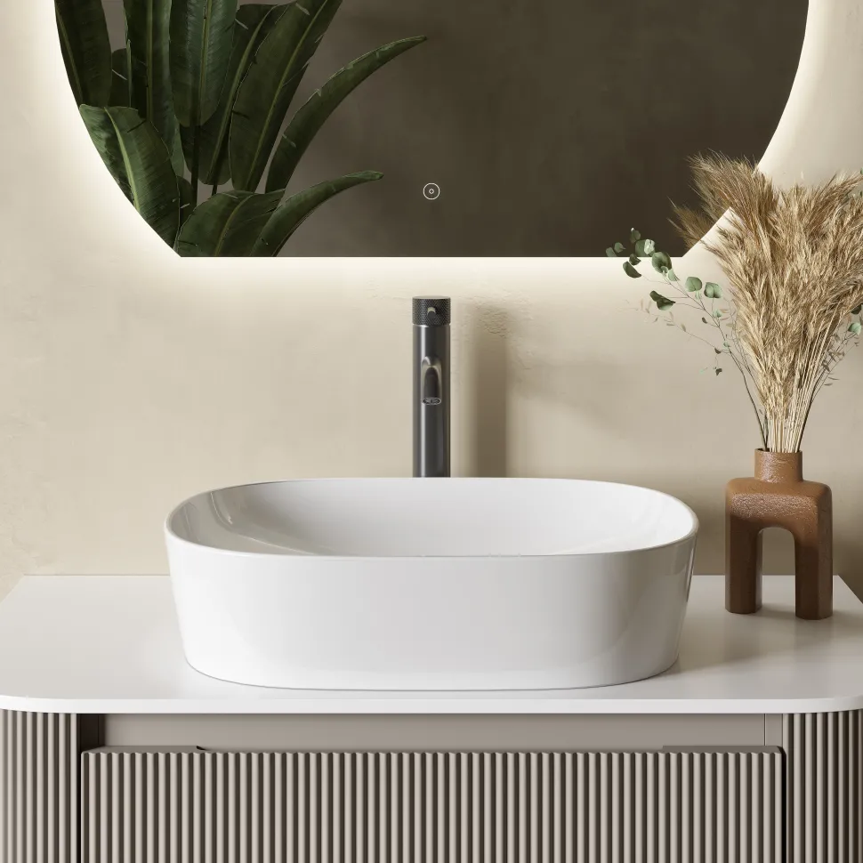 Drench Groove 870mm Fluted Wall Hung Curved Vanity Unit with Sintered Stone Countertop