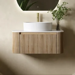 Drench Groove 870mm Fluted Wall Hung Curved Vanity Unit with Sintered Stone Countertop