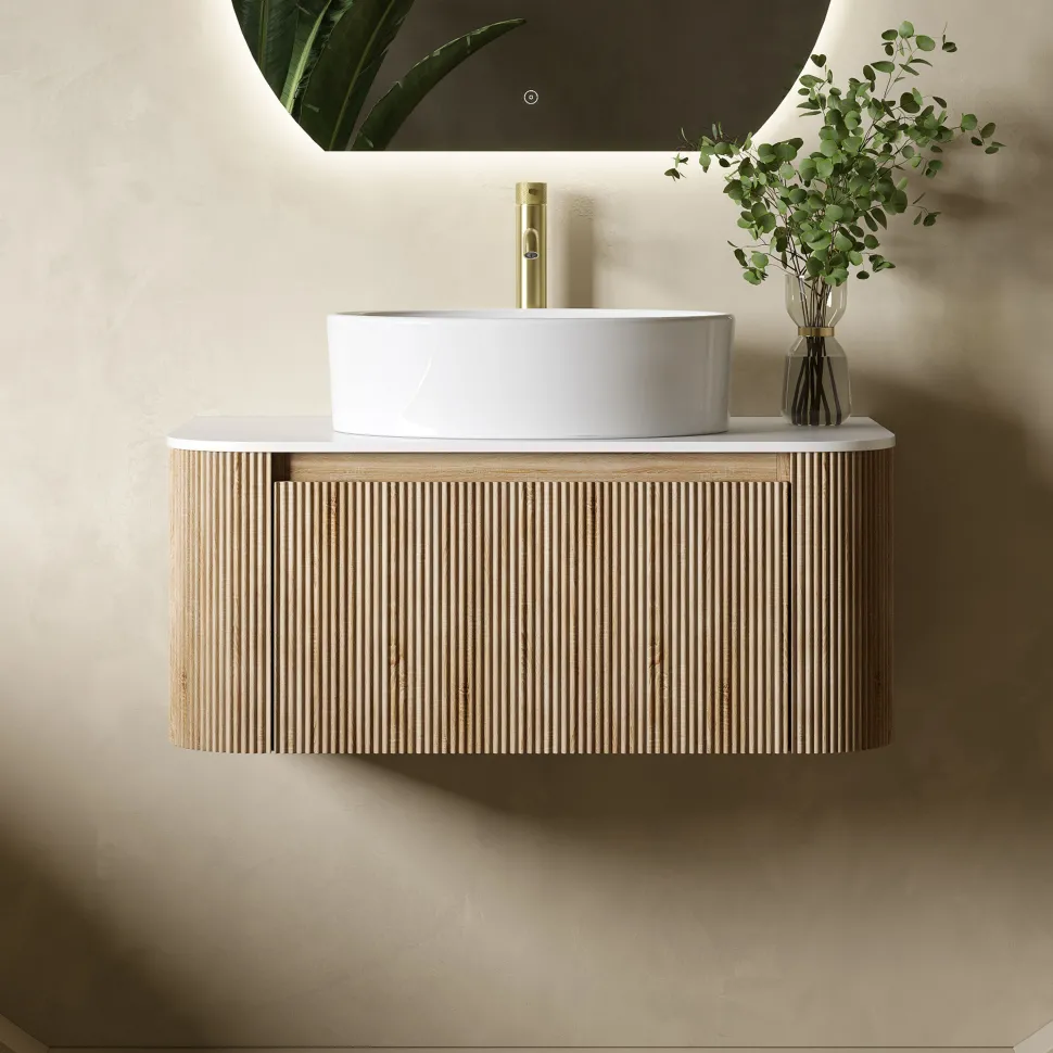 Drench Groove 870mm Fluted Wall Hung Curved Vanity Unit with Sintered Stone Countertop