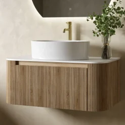 Drench Groove 870mm Fluted Wall Hung Curved Vanity Unit with Sintered Stone Countertop