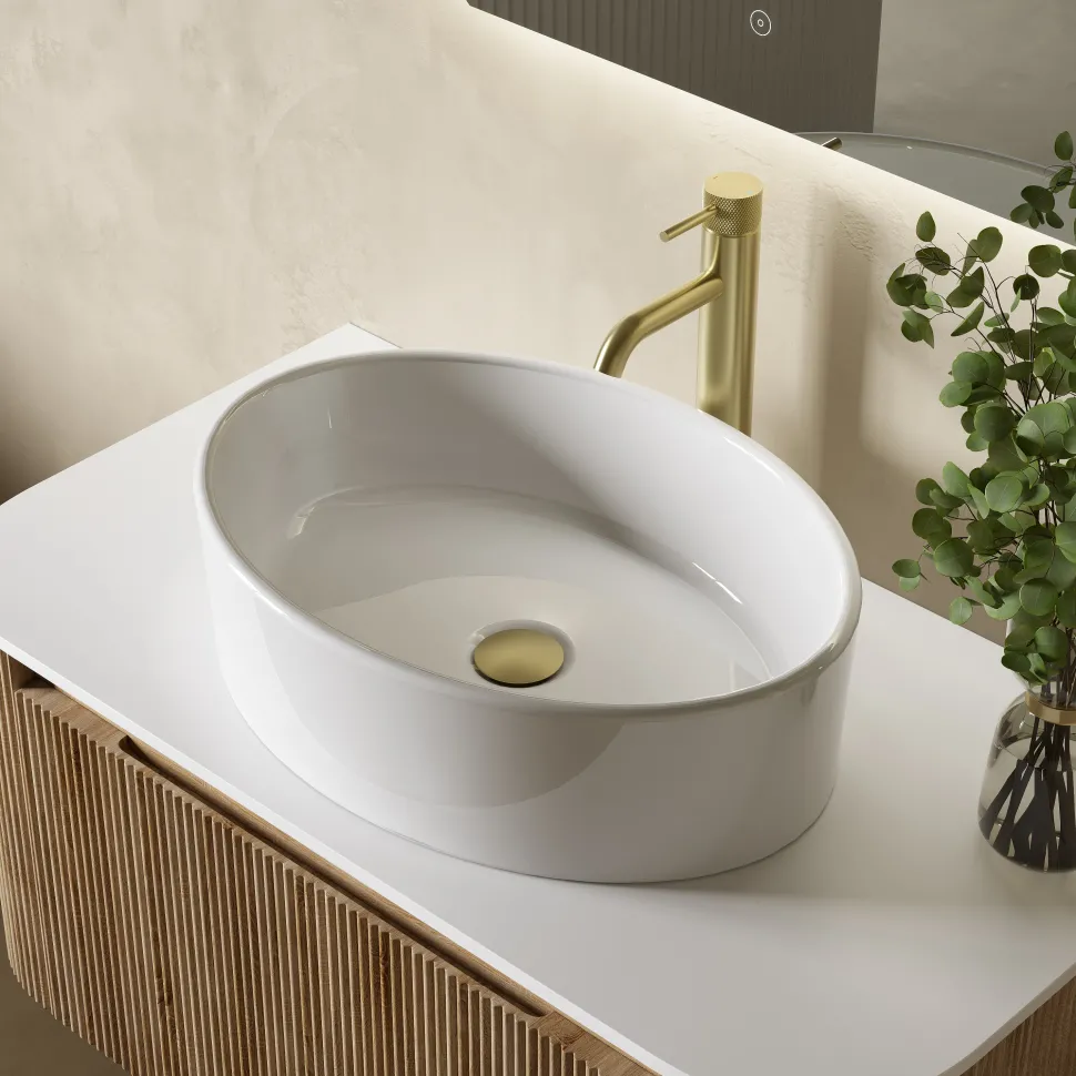 Drench Groove 870mm Fluted Wall Hung Curved Vanity Unit with Sintered Stone Countertop