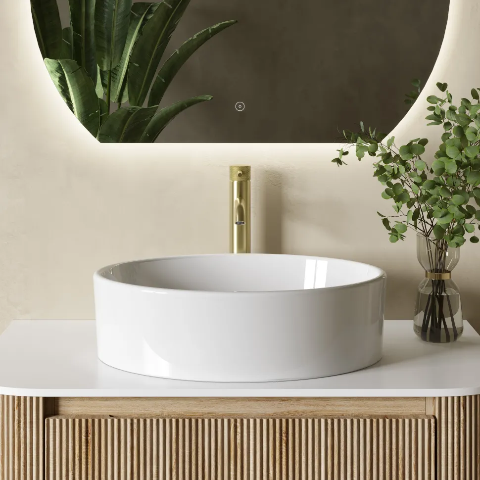 Drench Groove 870mm Fluted Wall Hung Curved Vanity Unit with Sintered Stone Countertop