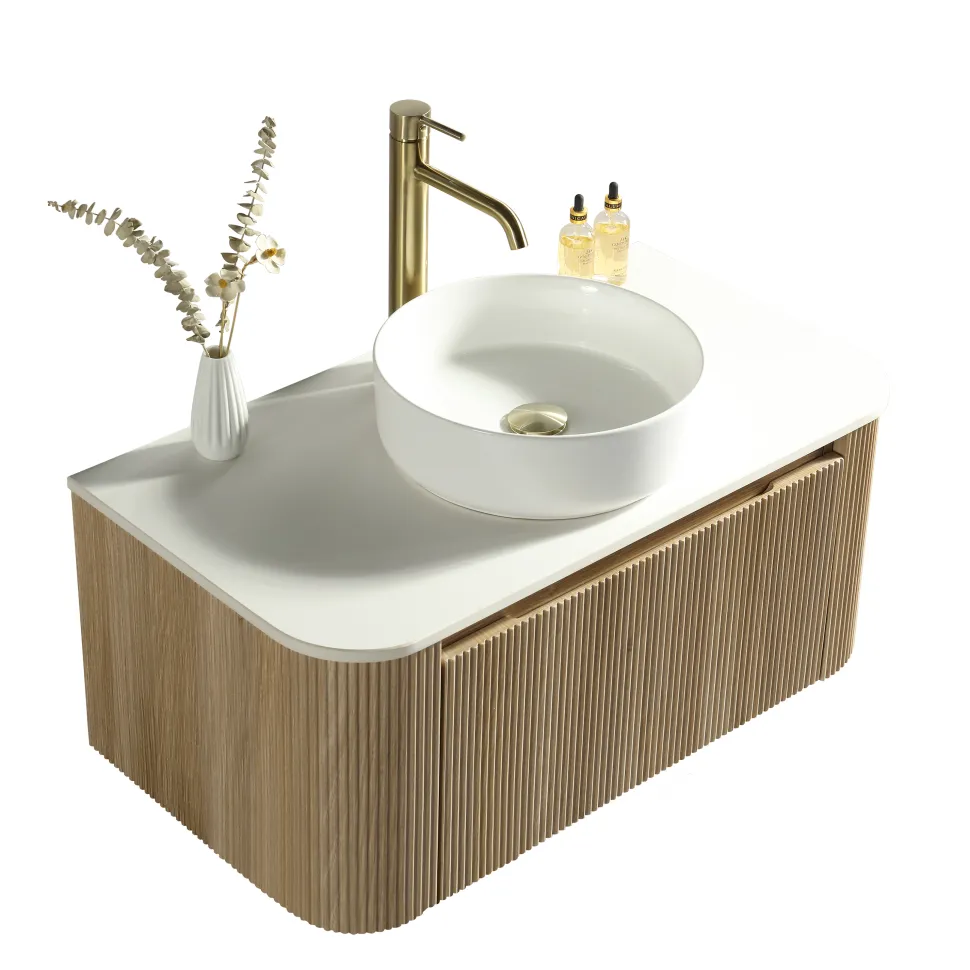 Drench Groove 870mm Fluted Wall Hung Curved Vanity Unit with Sintered Stone Countertop