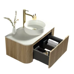 Drench Groove 870mm Fluted Wall Hung Curved Vanity Unit with Sintered Stone Countertop
