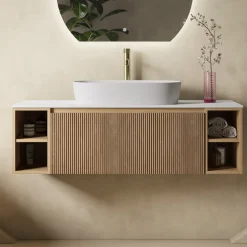 Drench Groove 1200mm Fluted Wall Hung Vanity Unit With Open Shelves & Sintered Stone Countertop