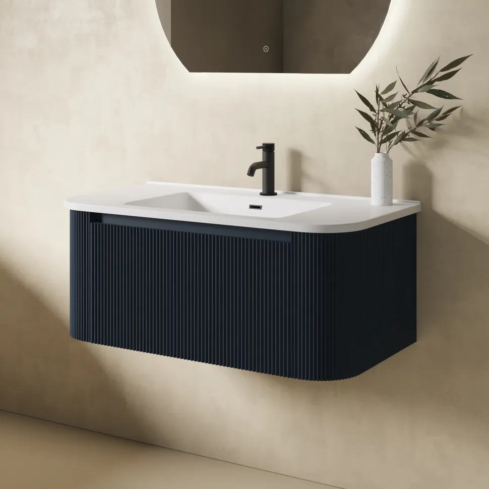 Drench Groove 870mm Fluted Wall Hung Curved Vanity Unit & Matt Stone Basin